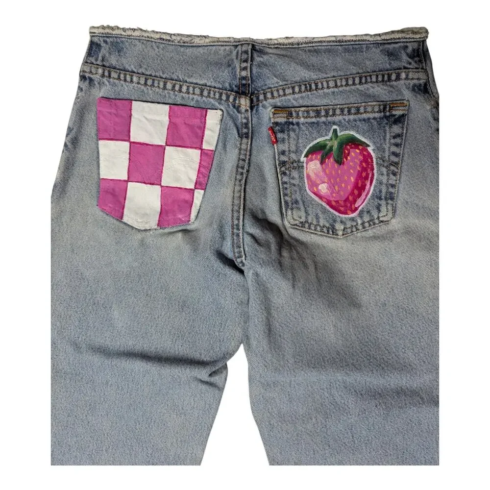 Hand Painted Vintage Levi's 501-Z Straight Leg Strawberry Checkerboard Jeans 28